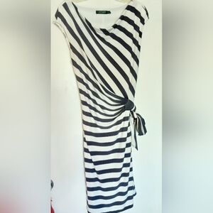 LAUREN Ralph Lauren Grey Stripe Asymmetrical Dress With Side Tie Detail Size 16